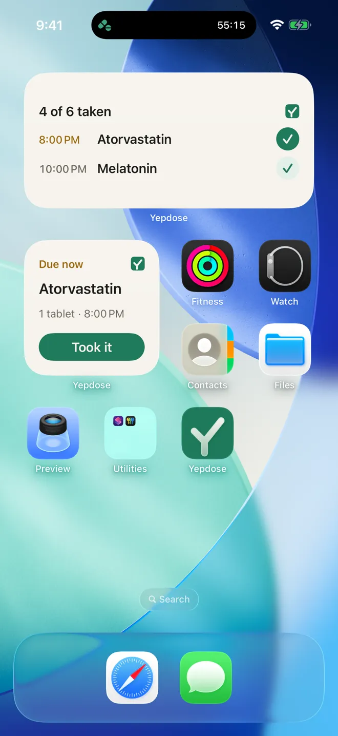 An iPhone Home Screen with two Yepdose widgets: 4 of 6 taken, and Atorvastatin due now with a Took it button.