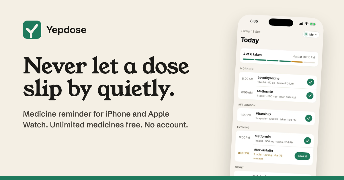Share image: Never let a dose slip by quietly. Medicine reminder for iPhone and Apple Watch.